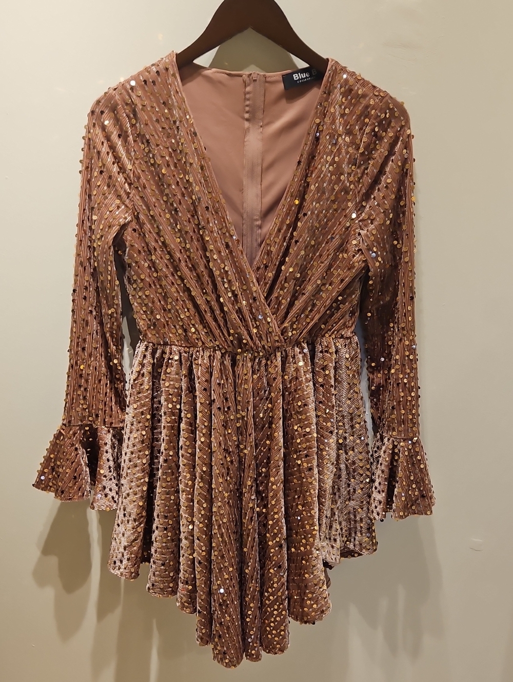 Blue Blush Rose Gold Sequin Velvet Wrap-Style Long Sleeve Dress